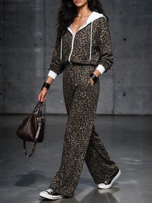 Trelyra Women's Leopard Print Hooded Jumpsuit With Pockets - Yellow - View 4