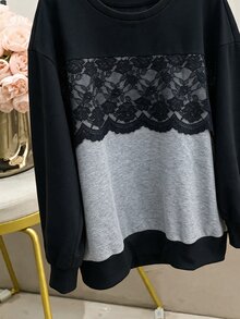 Lacomfia Women's Long Sleeve Lace Trim Casual Party Daily Commute Versatile Loose Plus Size Sweatshirt - Multicolor - View 4