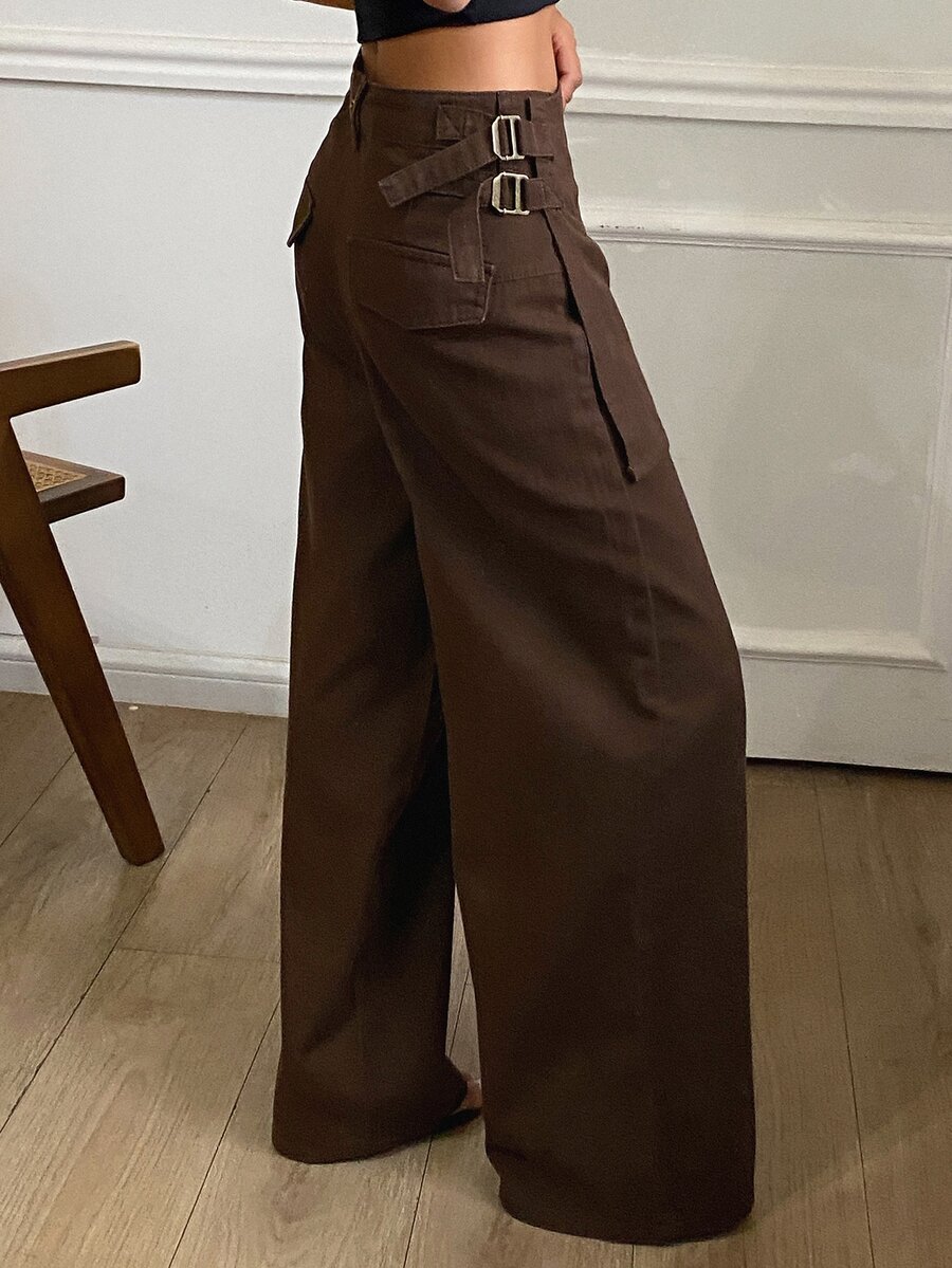 Livesso Women's Designer Button Denim Pants - Brown - View 1