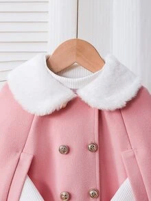 SHEIN 女童優雅人造毛領披風大衣，雙排扣粉色甜美公主斗篷外套，適合秋冬穿著 - 淺粉色 - 查看 5