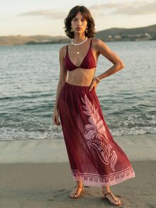 CAJUNI Women's Floral Print Beach Cover-Up Midi Skirt - Red - View 3