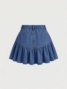 青少年女孩休閒牛仔裙，附口袋與荷葉邊裙襬，Y2K風格，適合夏季音樂節、海灘、舞會、畢業典禮、婚禮 - 中等水洗藍 - 查看 2