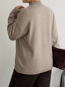 Dazy Plus Loose Business Casual Asymmetric Diagonal Placket Knit Pullover Half-High Neck Solid Color Minimalist Basic Sweater - Khaki - View 3