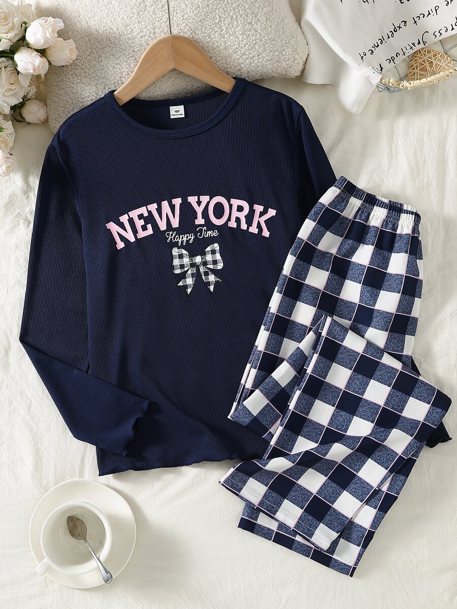 Teen Girls English Word & Bow Print Deep Royal Blue Ribbed Long Sleeve Top, Paired With Small Plaid Print Contrast Trim Long Pants Lounge Set - Royal Blue - View 1
