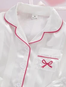 幼兒春秋/秋冬四季通用 簡約粉色條紋長袖口袋蝴蝶結印花開襟衫與長褲 2件套 柔軟舒適可愛 - 白色 - 查看 7