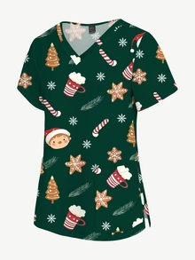 PopScrub Cartoon Bear Heart-Shaped Short Sleeve Women Nursing Scrubs Top, Nurse Uniform - Multicolor - View 3