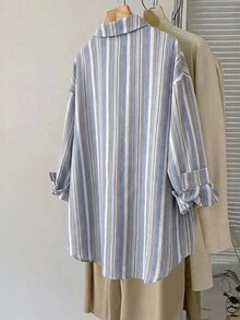 SHEIN LUNE 大尺碼女款條紋印花長袖襯衫，休閒寬鬆舒適上衣，適合秋季、商務休閒、辦公室，白色系列，感恩節假期穿著 - 彩色 - 查看 2