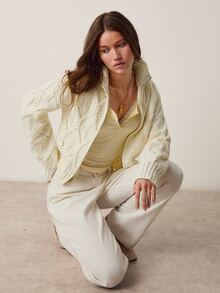 Willow Rêve Áo cardigan len dệt kim dáng rộng cổ cổ điển họa tiết jacquard kéo khóa màu kem cho nữ - Kem - Xem 5