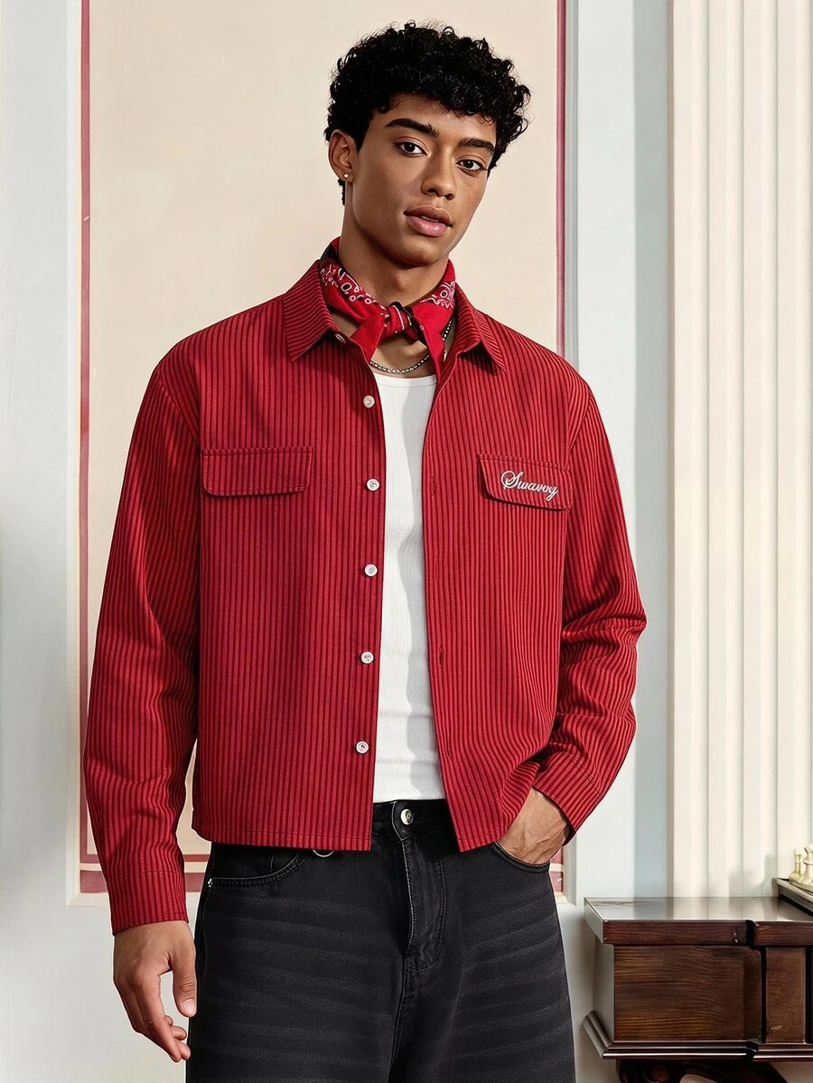 SWAVVY Men's Embroidered Striped Button Long Sleeve Shirt - Red - View 1