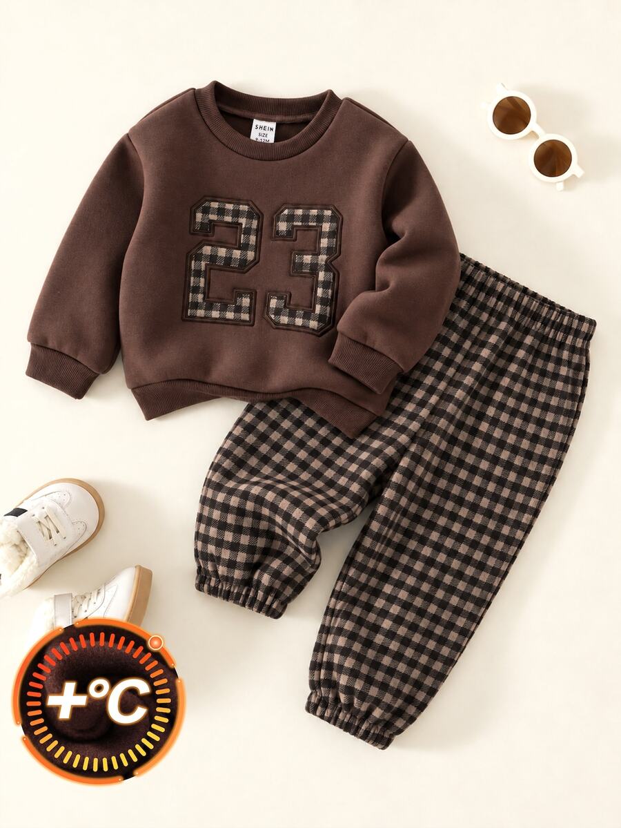 SHEIN Baby Boy Colorblock Shirt Collar Long Sleeve Pullover Sweatshirt And Elastic Waist Long Pants 2 Pieces Set - Brown - View 1