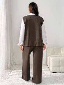 Shapeblank Women's Plus-Size Autumn/Winter Two Pieces Set: Stylish, Loose, Stretchy, And Comfortable Vest Top With Wide-Leg Trousers (Brown),Fall Outfits - Brown - View 3