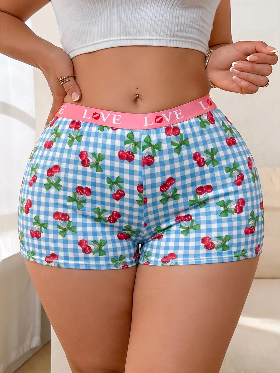 PetitDoll Plus Size Women's 1pc Cherry Bow Sweet Plaid Series Boyshorts - Blue - View 1