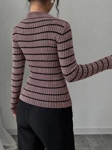 Elenzga 女款時尚休閒條紋修身套頭毛衣 - 卡其色 - 查看 2
