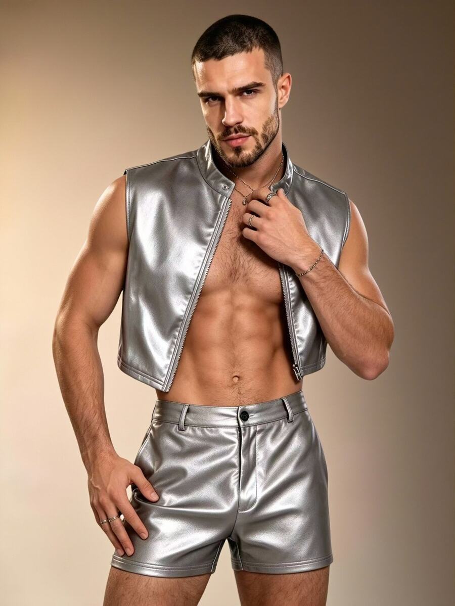 ZURIURI Men's Shiny Metallic Silver Futuristic Techwear Fashion Vest Set - Silver - View 1