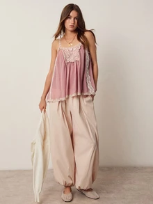Willow Rêve Women's Contrast Lace Loose Chiffon Camisole Top - Orange - View 3