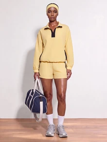 Zivah Women's Zipper Half-Placket Long Sleeve Top And Shorts Sports Outfit Set - Yellow - View 4
