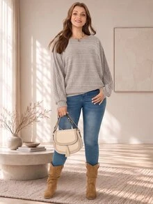 Rosumi Women's Plus Size Round Neck Pullover Ribbed T-Shirt Winter Clothes For Women Winter Clothes Winter Outfit For Women - Khaki - View 4