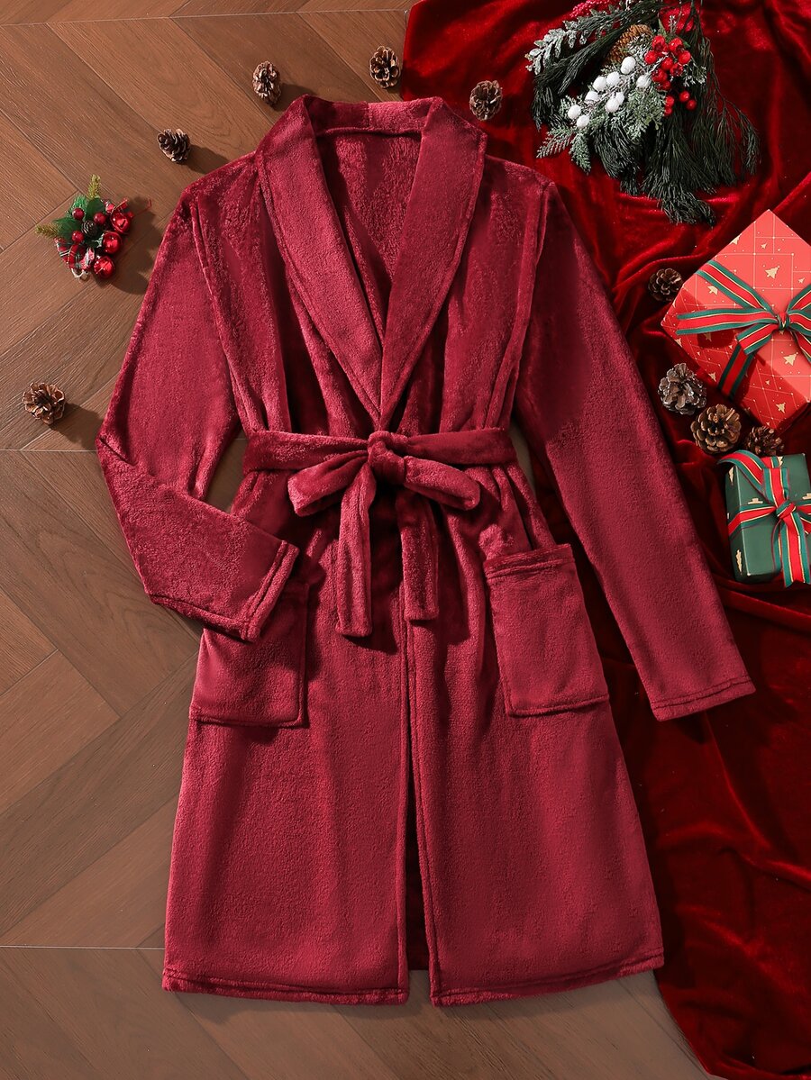 EverLounge Men's Solid Color Long Sleeve Pocket Casual Plush Robe - Burgundy - View 1