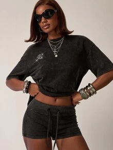 SHEIN BAE Women's Rhinestone Butterfly Pattern Elastic Waist Fitted Shorts - Black - View 2