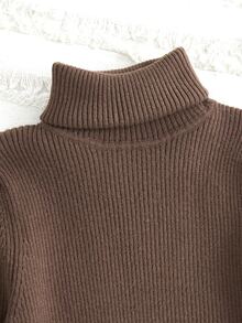 Young Girl Coffee Turtleneck Ribbed Sweater, Solid Stripe Slim Fit Top, Soft Warm Skin-Friendly, Snug, Versatile Fall Winter Undershirt - Coffee Brown - View 4