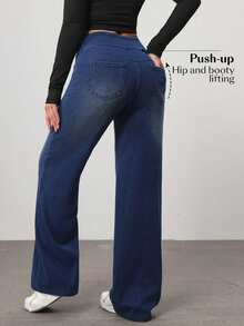 Flexra Women's Street Style Elastic Casual Sporty Denim Wide Leg Pants - Dark Wash - View 2