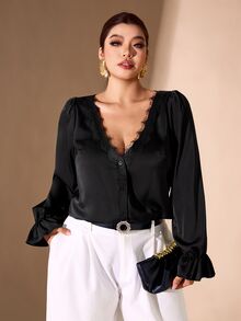 Cravure V-Neck Satin Applique Lace Trim Plus Size Blouse - Multicolor - View 1