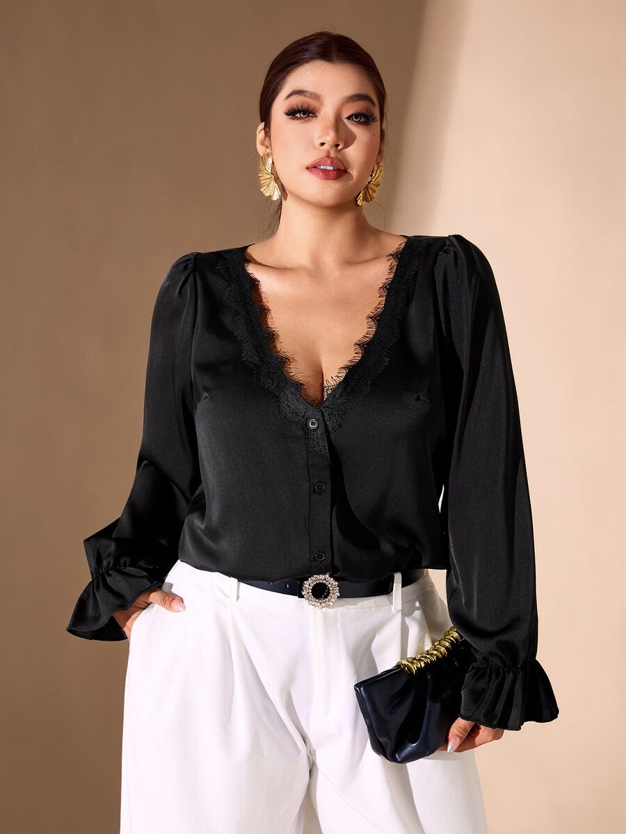 Cravure V-Neck Satin Applique Lace Trim Plus Size Blouse - Multicolor - View 1