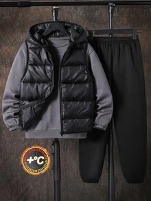 3pcs Buy 2 Get 1 Free Kids Tween Boy Casual Dark Gray Sweatshirt & Sweatpants Set With Quilted Padded Winter Coat Parka, Suitable For Fall/Winter, School, Winter Outfit - Multicolor - View 4