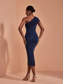 JIAN LASALA Blue One Shoulder Short Sleeve Ruched Back Slit Midi Elegant Dress Vacation Holiday - Blue - View 2
