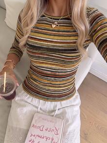 CovetEZ Women's Striped Colorblock Casual T-Shirt For Daily Wear - Multicolor - View 3