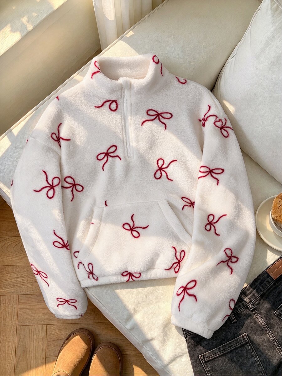 SHEIN 少女休閒毛絨半拉鍊衛衣 蝴蝶結圖案 絨毛立領套頭上衣 附袋鼠口袋 長袖 秋冬外套夾克 - 杏色 - 查看 1