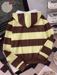 SHEIN EZwear 女款全印花運動衫，棕色與黃色條紋，現代都市時尚商務休閒辦公穿搭，低調老錢風，精緻通勤機場造型，學院風返校校園社團休閒青年風格 - 彩色 - 查看 2