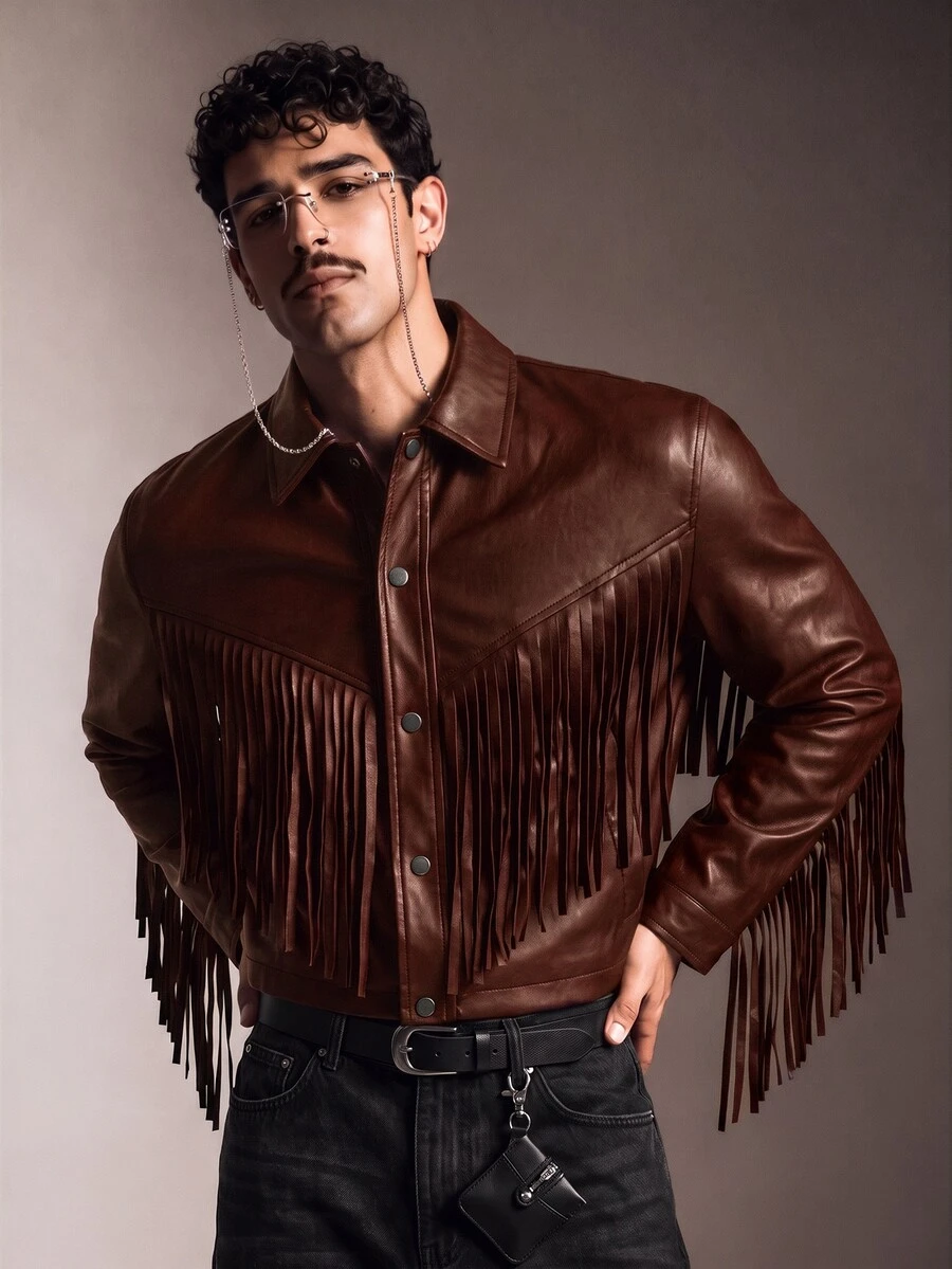 FeverCity Men's Collared Long Sleeve Short Jacket And Outerwear - Brown - View 1
