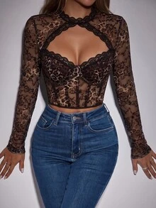 Allurite Women's Sexy Cropped Lace Corset Top - Brown - View 6