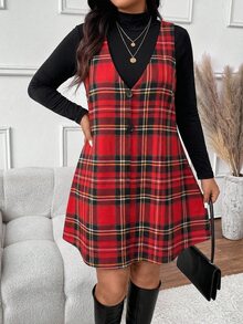SHEIN Frenchy Casual Plus Size Women's Plaid Pattern Top And Solid Color Dress 2 Pieces Set, Autumn New Style - Multicolor - View 4