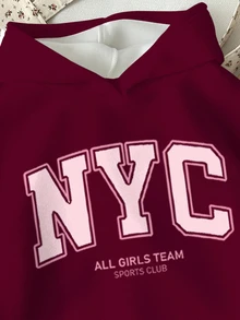 時尚復古酒紅色極簡百搭 NYC 字母印花青少年女孩休閒抓絨寬鬆衛衣 新款，適合秋冬日常、外出、校園、運動 - 酒紅色 - 查看 4