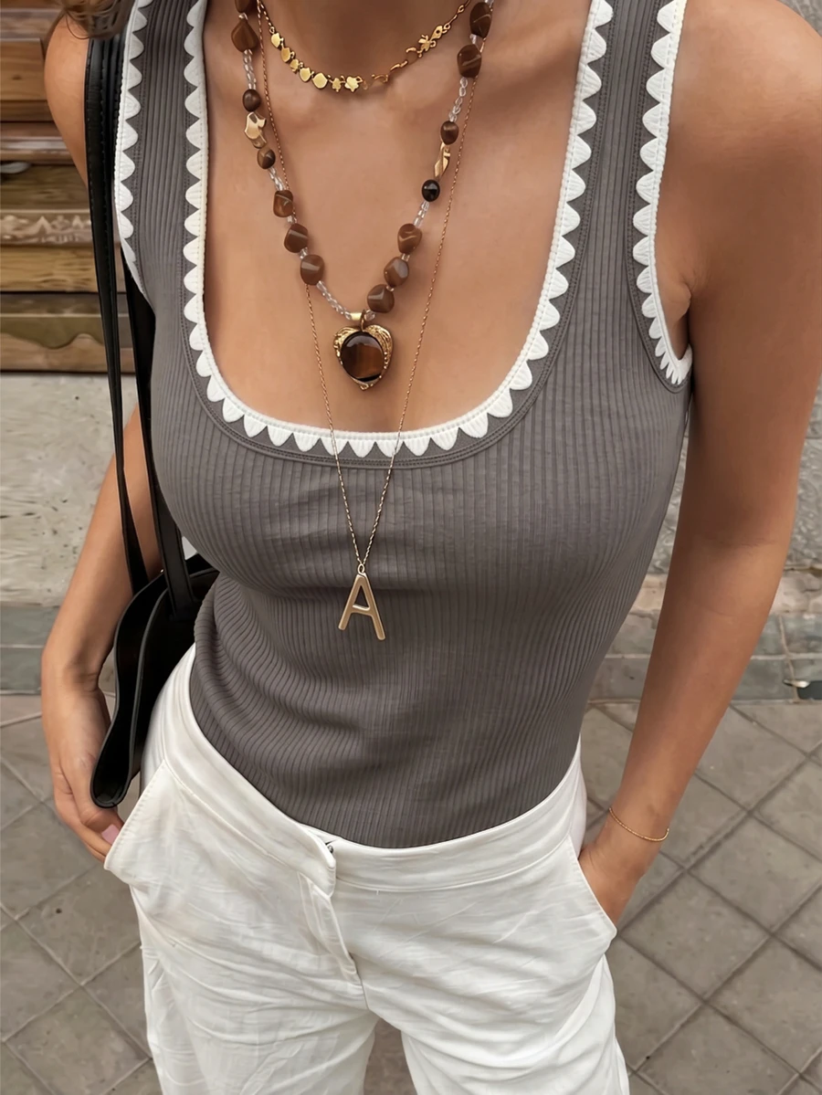 TaskSense French Retro Blue And Orange Contrast Square Neck Camisole,Shell Embroidered Slim Fit Sleeveless T-Shirt,Summer Casual Everyday Versatile Knit Top - Grey - View 1