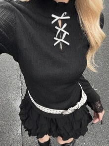 FRIFUL Middle-Aged Women Korean Style Romantic Elegant Bowknot Decor Lace T-Shirt Party Night Black - Black - View 8