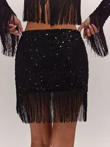 SHEIN BAE Women's Solid Color Sequin Tassel Hem Fashion Skirt - Black - View 2