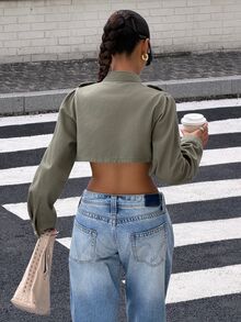 Muchica Women's Cropped Double-Breasted Long Sleeve Denim Jacket - Green - View 2