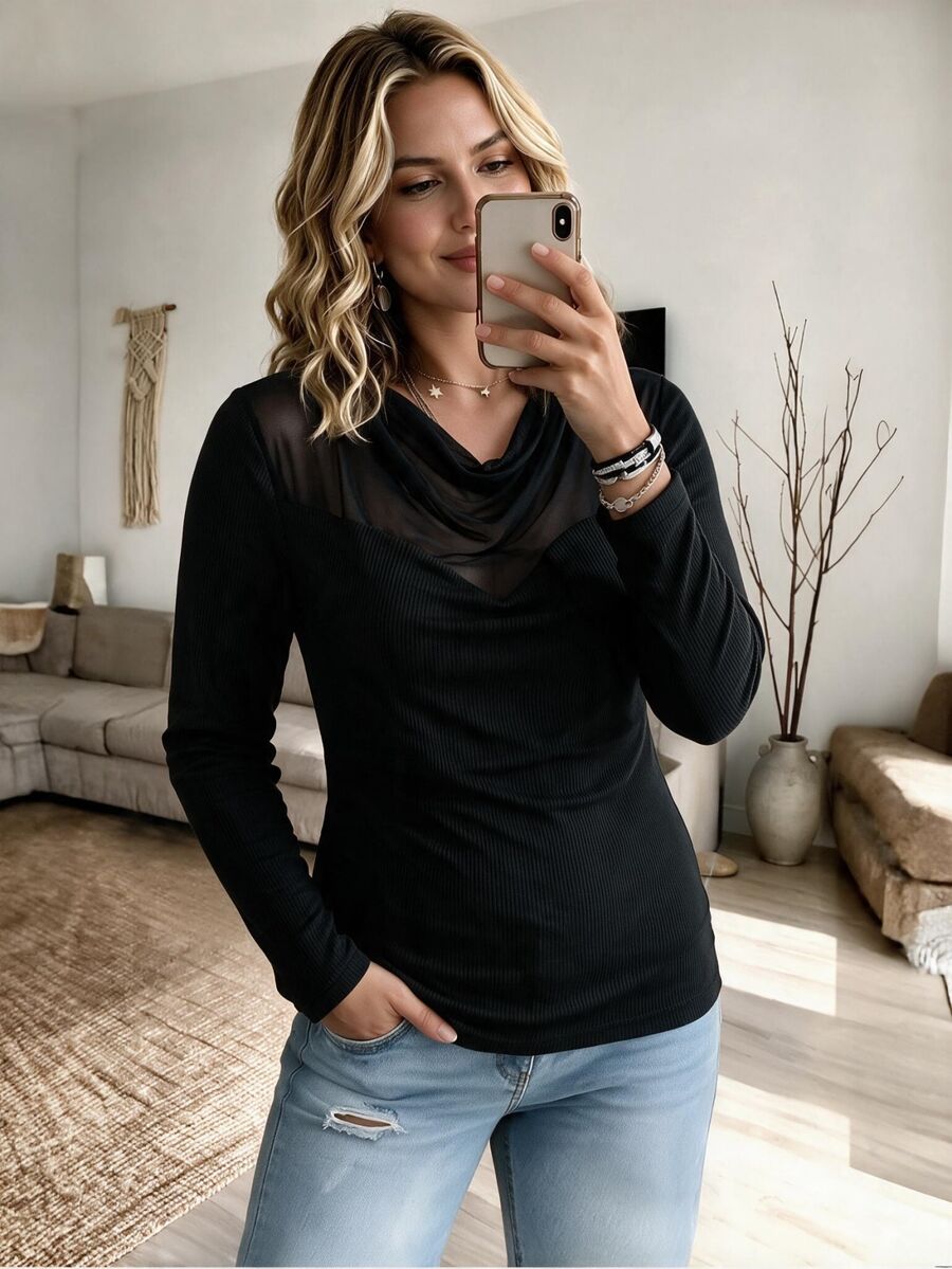 Weeklong Plus Size Sexy Mesh Patchwork Long Sleeve T-Shirt - Black - View 1