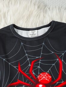 SHEIN 青少年男孩修身螢光蜘蛛圖案圓領長袖T恤與長褲套裝，柔軟舒適修身居家休閒睡衣套裝 2件組 - 黑色 - 查看 4