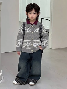 Dazy Kids 小男孩時尚街頭風格格紋落肩寬鬆開襟針織外套，秋冬款 - 灰色 - 查看 3