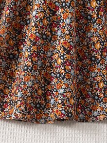 SHEIN Tween Girl Casual Elegant Round Neck Long Sleeve Brown Dusty Floral Patchwork Tween Girl Dress - Multicolor - View 3