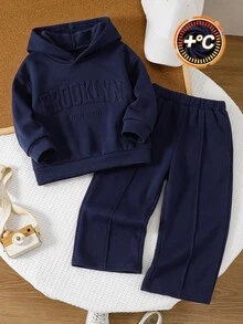 SHEIN Little Byeori 2件組兒童小男孩休閒簡約百搭日常舒適字母3D印花圖案連帽衫 寬鬆套頭灰色長袖運動衫 - 藏蓝色 - 查看 4