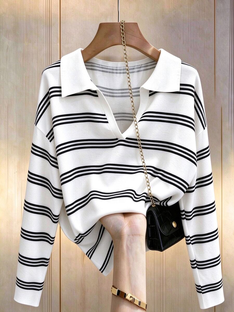 GlowEve CURVE Plus Size Black & White Striped V-Neck Knit Sweater Women Loose Drop Shoulder Long Sleeve Casual Base Layer Top Classic Retro Versatile Pullover Fall - Multicolor - View 1