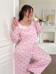 Slumberry CURVE Sweet & Cute Pajama Set, Cute Girl Bow Print Pajama Set, Romantic & Elegant Plus Size Pajama Set - Multicolor - View 3