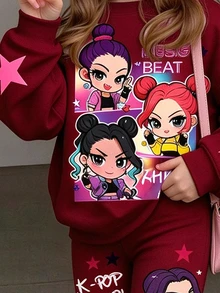 女童小女孩字母卡通印花長袖秋季休閒日常運動衫與運動褲套裝 - 彩色 - 查看 3