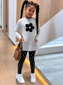 青少年女孩寬鬆長袖上衣與側開衩修身內搭褲2件套，韓系學院風，休閒百搭，適合秋冬日常穿著、度假與夏季 - 白色 - 查看 3