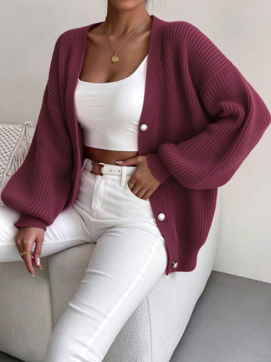 Sprig & Strand Drop Shoulder Button Front Cardigan,Long Sleeve Tops Fall Winter Cloth For Women - Burgundy - View 1